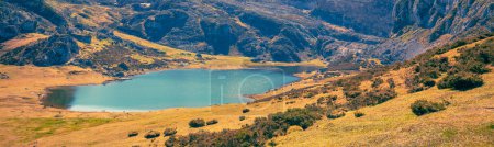 Photo for Beautiful mountain landscape. Peaks of Europe (Picos de Europa) National Park. A glacial Lake Ercina. Asturias, Spain, Europe. Horizontal banner - Royalty Free Image