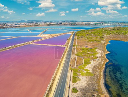 Pink lake in San Pedro del Pinatar city, Spain Europe. San Pedro Salt Flats. Aerial view