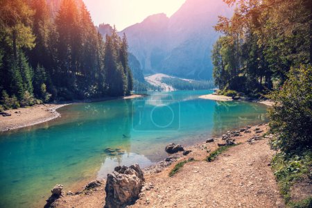 Téléchargez les photos : Beau bord de lac par une journée ensoleillée. Lac de Braies dans les Dolomites, Italie - en image libre de droit