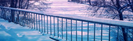 Pont au-dessus d'une rivière gelée dans le parc en hiver. Bannière horizontale