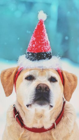 Photo for Vertical portrait of a dog wearing a Santa Claus hat outdoors in a snowy winter. Vertical banner - Royalty Free Image