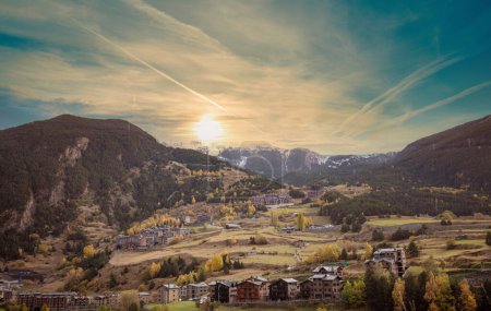 View of mountains valley in the Pyrenees in the evening. Canillo city, Andorra