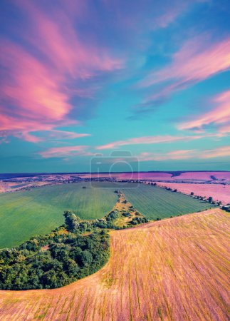 View from above of sunny fields on rolling hills during sunset. Vertical banner