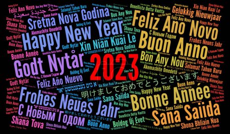 Frohes Neues Jahr 2023 Wortwolke in verschiedenen Sprachen 