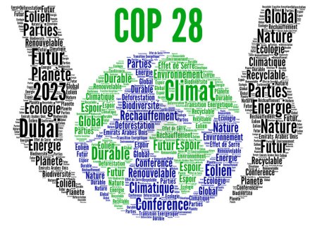 Foto de COP 28 in Dubai United Arab Emirates world cloud in French language - Imagen libre de derechos