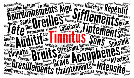 Tinnitus word cloud concept in French language