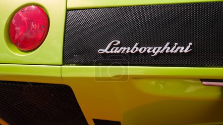 Photo for Miami, Florida USA - February 19, 2023: Close up view of the rear of a Lamborghini supercar on display at the public Miami Concours car show in the upscale Design District - Royalty Free Image