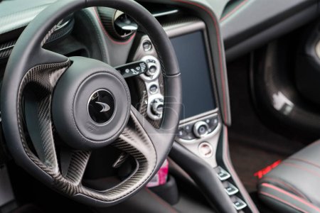 Photo for Miami, Florida USA - February 20, 2022: Interior view of a McLaren 720s supercar on display at the public Miami Concours car show in the upscale Design District - Royalty Free Image