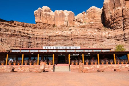 Photo for Bluff, Utah USA - October 16, 2019: Twin Rocks Trading Post in the Utah desert with the natural beauty of sandstone formations - Royalty Free Image