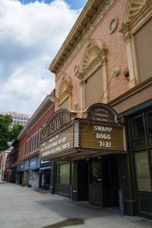 Photo for Macon, Georgia USA - June 16, 2023: Cityscape scene with vintage theatre architecture in the historic downtown district - Royalty Free Image