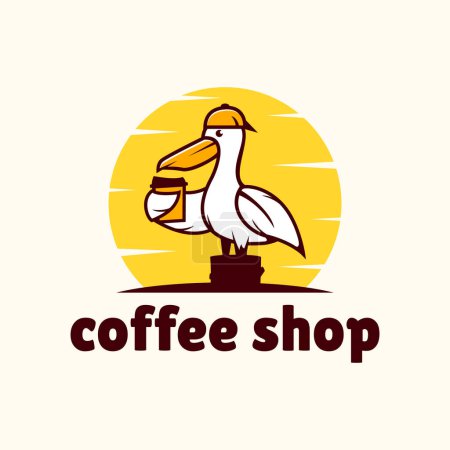Téléchargez les illustrations : Modèle de logo de café, mascotte de pélican pour café et restaurant - en licence libre de droit