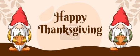 Joyeux Thanksgiving bannière avec drôle de gnome de dessin animé, citrouille. illustration vectorielle