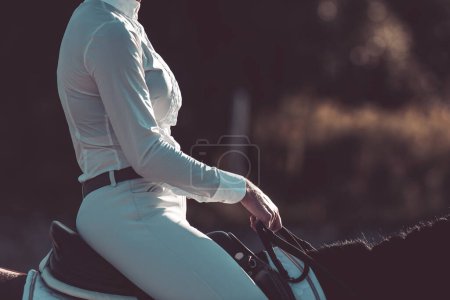 Reiterin auf dem Pferd hält bei Sonnenuntergang Zügel in der Hand.