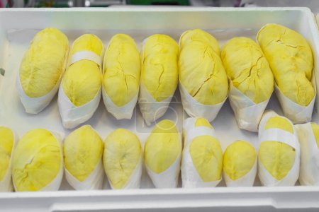 Freshly peeled durian fruit, known as the 'king of fruits', packaged neatly in cling film and displayed for sale