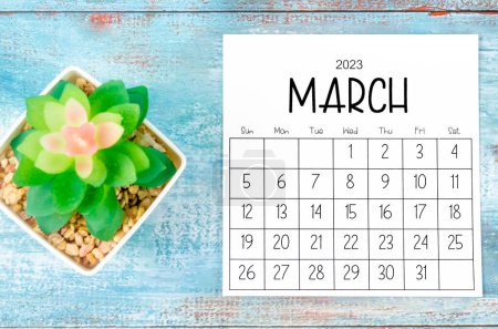 March 2023 Monthly calendar with plant pot on wooden background.