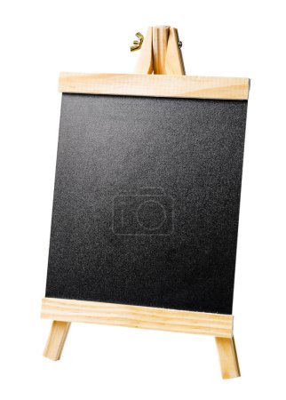 Photo for Small blackboard with a wooden frame on a stand isolated on white background. Saved clipping path. - Royalty Free Image
