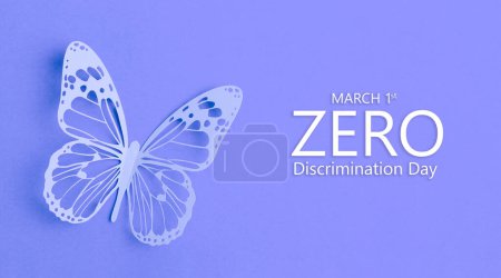 1st March 2024 paper butterfly on purple wall. Zero discrimination day concepts.