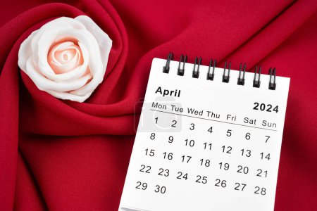 April 2024 desk calendar and pink rose on red textile background.