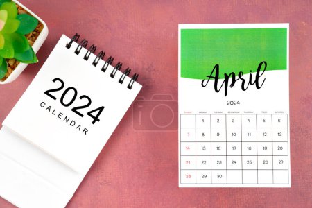 April 2024 calendar page with plant pot on red background.