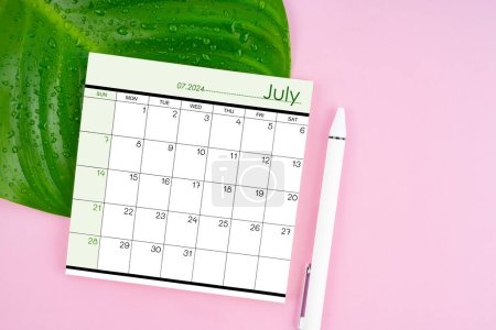 July 2024 calendar page and fresh green leaf with water drops on pink color background.