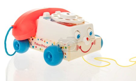 Photo for Winneconne, WI - 23 September 2023: A package of Fisher Price chatter phone vintage toy on an isolated background - Royalty Free Image