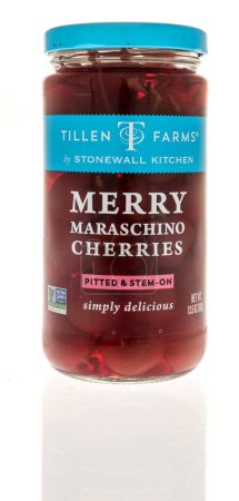 Photo for Winneconne, WI - 18 November 2023: A jar of Tillen Farms Stonewall kitchen marry maraschino cherries on an isolated background - Royalty Free Image