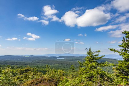 Photo for View from hill of beautiful wooded Jizera Mountains with water reservoir under blue summer sky - Czech Republic, Europe - Royalty Free Image