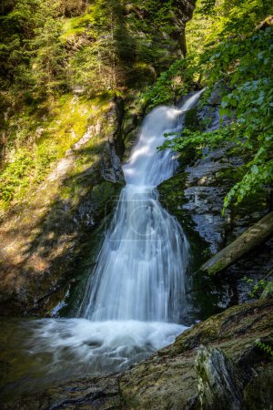 Vertical shot of amazing waterfall in spring sunny forest - Resovske waterfalls, Nizky Jesenik mountain range, Czech Republic, Europe