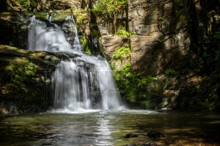 Amazing water cascade on stony creek in sunny summer forest - Resovske waterfalls, Huntava river, Nizky Jesenik mountain range, Czech Republic, Europe