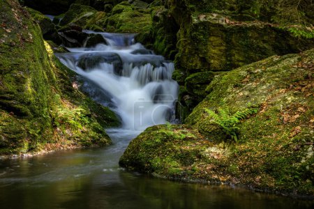 Bachkaskaden weben sich zwischen moosbewachsenen Felsbrocken - eine wunderschöne Landschaft aus sommerlichem Wald. Resovske Wasserfälle, Huntava, Nizky Jesenik Gebirge, Tschechien, Europa