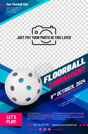 Plakatvorlage für das Floorball-Turnier mit Ball und Platz für Ihr Foto - Vektorillustration