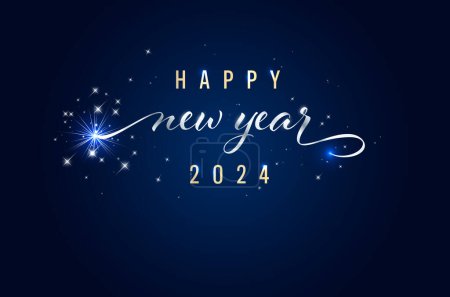 Ilustración de Tarjeta de felicitación para Año Nuevo 2024. Felices gráficos de Año Nuevo con estrellas brillantes sobre fondo azul. Ilustración vectorial con espacio de copia para su texto. - Imagen libre de derechos