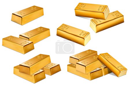 Illustration for Set of several different stacks of gold bricks in different numbers and positions. Isolated on white backgrounds. Vector illustration. - Royalty Free Image