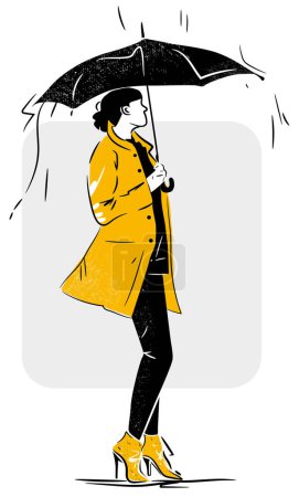 Mujer en chaqueta amarilla y zapatos de pie con paraguas en la lluvia - ilustración vectorial estilizada