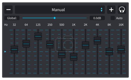 Illustration numérique de l'interface de l'égaliseur sonore avec divers curseurs pour le contrôle audio illustration vectorielle