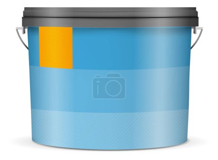 Paint plastic bucket with blue label and gray lid, ideal for design and renovation concepts - vector illustration