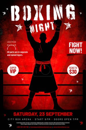 Boxing night poster template with boxer silhouette, ring and copy space for text - vector illustration