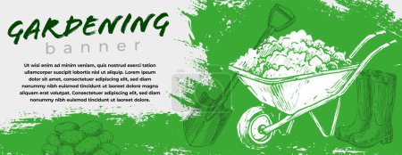 Illustration for Horizontal banner with green grungy scratchy texture, stylized sketchy garden wheelbarrow with dirt, spade, wellies and potatoes. Place for your text. Design graphic gardening theme concept. Vector illustration. - Royalty Free Image