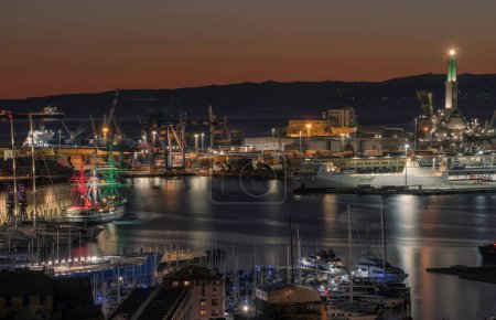 Photo for Port of Genoa. High quality photoPort of Genoa With night view moored Italian school ship Amerigo Vespucci - Royalty Free Image