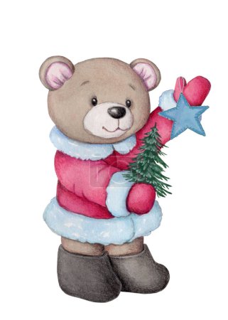 Téléchargez les photos : Adorable ours en peluche mignon avec nouvel arbre de Noël de l'année. Vacances hiver décembre thème, aquarelle illustration pour le design des enfants. Art peint à la main. Isolé sur fond blanc. - en image libre de droit