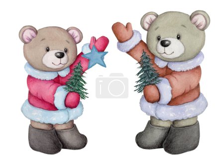 Téléchargez les photos : Adorable ours en peluche mignon avec le nouvel arbre de Noël de l'année. Vacances hiver décembre thème, aquarelle illustration pour le design des enfants. Art peint à la main. Isolé sur fond blanc. - en image libre de droit