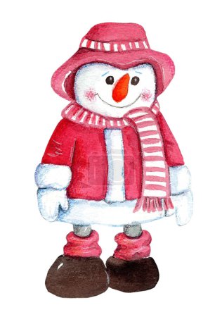 Téléchargez les photos : Bonhomme de neige amusant mignon en vêtements rouges, illustration aquarelle de Noël, éléments de décoration de vacances. - en image libre de droit