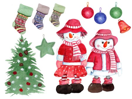 Téléchargez les photos : Bonhomme de neige amusant mignon en vêtements rouges, illustration aquarelle de Noël, éléments de décoration de vacances. - en image libre de droit