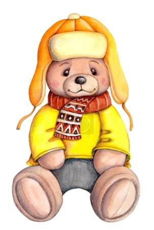 Téléchargez les photos : Mignon adorable ours en peluche dessin animé en vêtements jaunes, assis. Aquarelle art peint à la main, illustration, icône pour la conception des enfants, impression. Isolé. - en image libre de droit