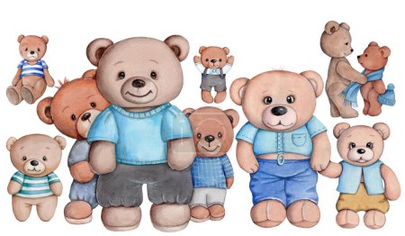 Téléchargez les photos : Cartoon little teddy bears charactes for baby and children design, print, icon. Watercolor hand drawn art, isolated on white background. - en image libre de droit