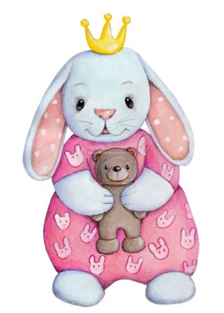 Téléchargez les photos : Watercolor illustration of cute cartoon bunny rabbit hare, toy plush characters, hand drawn art for children design. Isolated on white background. - en image libre de droit