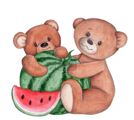 Téléchargez les photos : Cute pretty cartoon teddy bears with a watermelon, sitting. Watercolor hand painted art, illustration, icon, design element. Isolated on white background. - en image libre de droit
