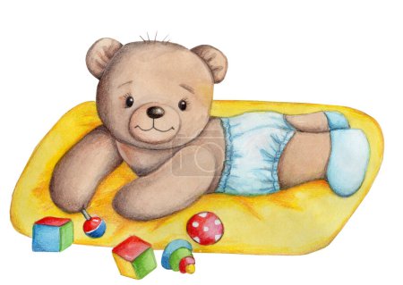 Téléchargez les photos : Cute pretty cartoon teddy bear baby with toys . Watercolor hand painted art, illustration, icon, design element. Isolated on white background. - en image libre de droit