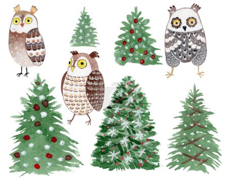 Téléchargez les photos : Decorative hand painted watercolor owls and christmas trees. - en image libre de droit