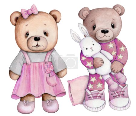 Téléchargez les photos : Cute cartoon teddy bears in pink clothes. Watercolor hand painted art for children. Isolated on white background. Perfect for nursery and baby prints, posters, cards. - en image libre de droit